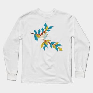 Cute Bird on a Holly Branch Long Sleeve T-Shirt